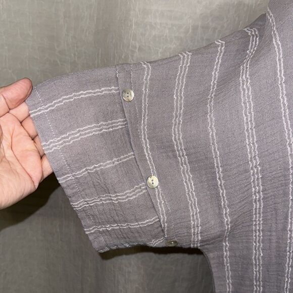 peck&peck XL Crinkle Pearl Gray White Striped Cotton Short Sleeve Top - Picture 4 of 9